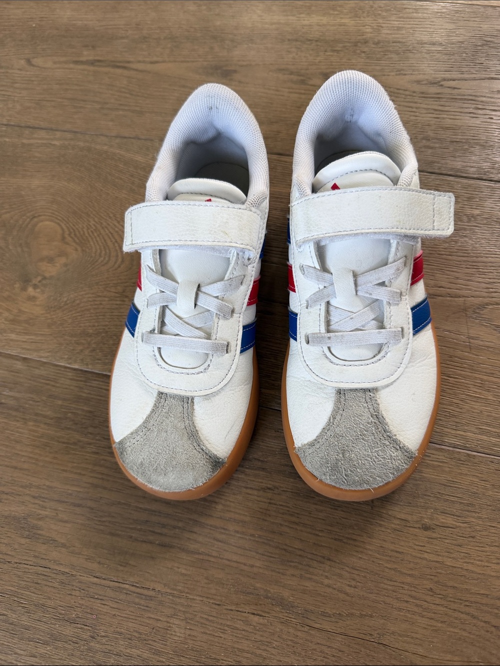 adidas Kids White Sneakers with Red & Blue Stripes